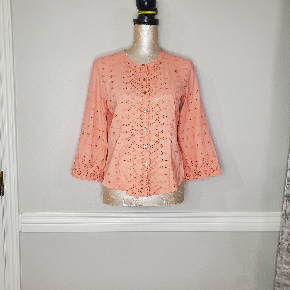 J.Jill Eyelet Button Down Blouse Peach Pink XS Floral Scalloped Cotton Top